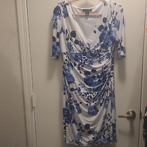 Lauren Ralph Lauren Blue and White Ruched Midi Dress